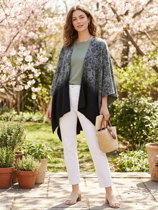 Cejon Sweaters - Cejon Black and Gray Floral Open-Front Poncho